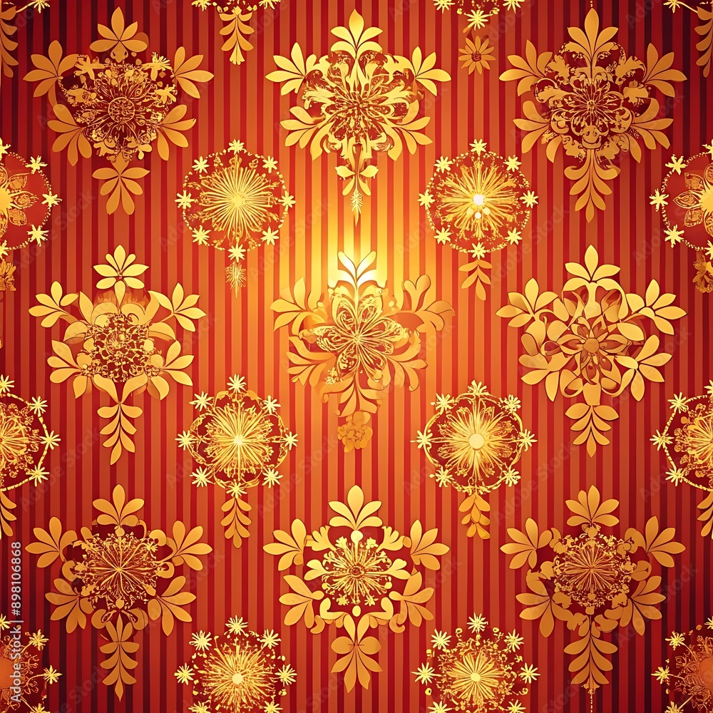 Golden Floral Pattern on Red Stripes. Golden Floral Pattern on Red Stripes.