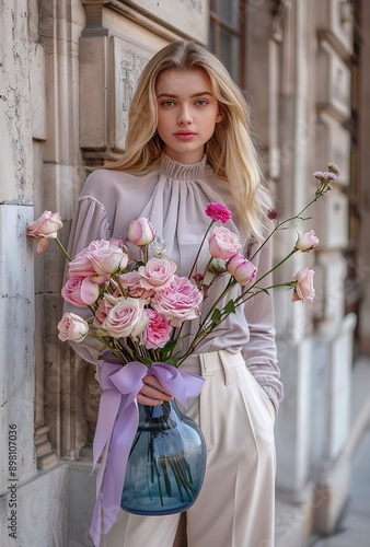 Beautiful girl with blonde hair holding a large bouquet of pink peonies in her hands