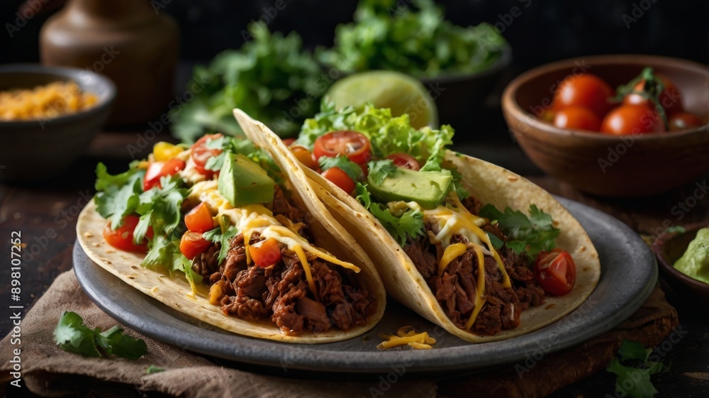 Mexican chilli beef tacos with a mix of tomatoes, lettuce, and cheese in tortilla shells Mexican chilli beef tacos with a mix of tomatoes, lettuce, and cheese in tortilla shells