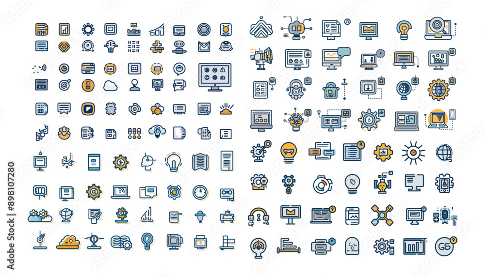 Business automation 50 icon set .With Concepts like Machine learning line icons.Robotics,iot, biometric,device,chip,robot,cloud computing and automation icon.Vector illustration,Simple line vector. Business automation 50 icon set .With Concepts like Machine learning line icons.Robotics,iot, biometric,device,chip,robot,cloud computing and automation icon.Vector illustration,Simple line vector.
