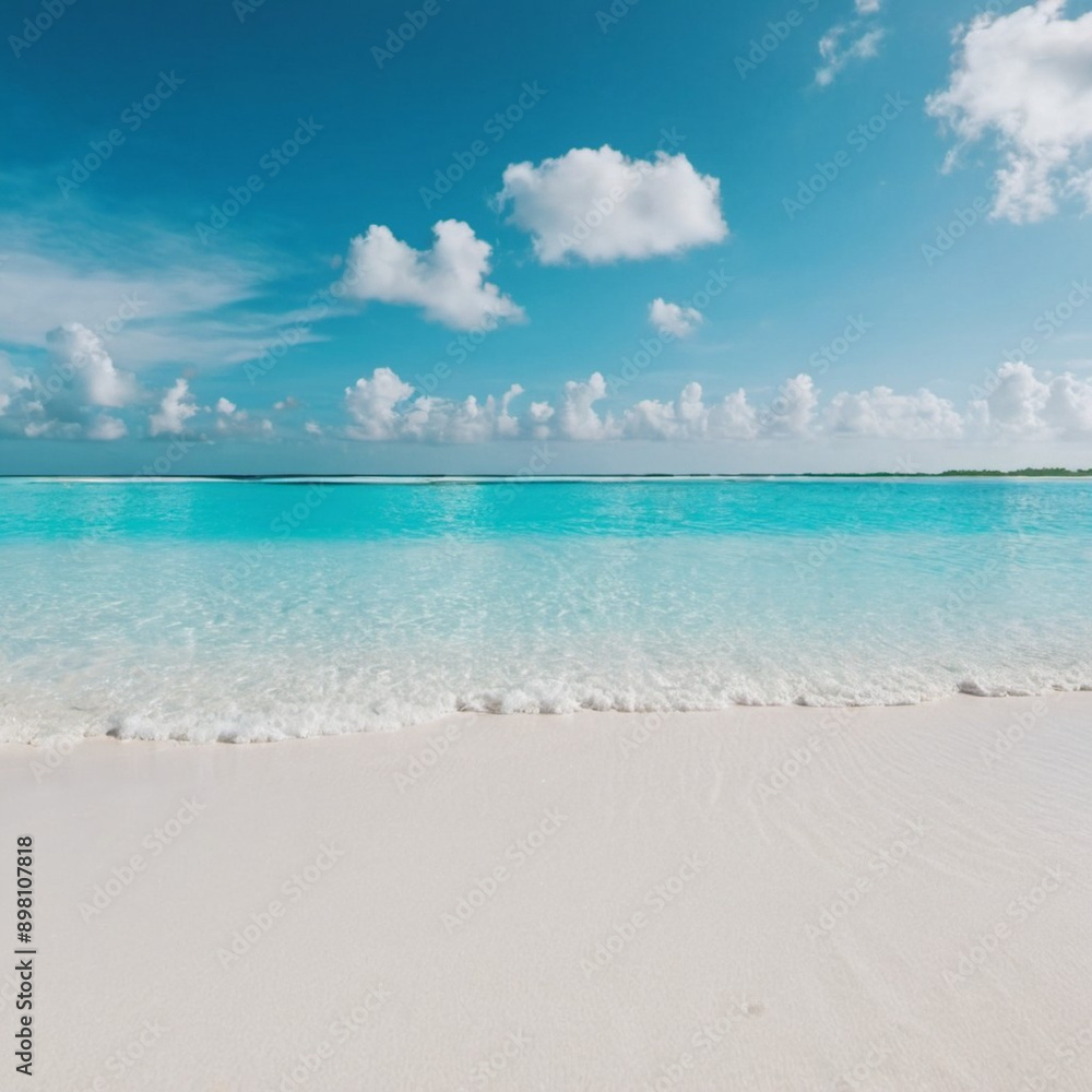 Obraz premium Breathtaking view of pristine white sand beach in Maldives. Turquoise waters of Indian Ocean lap gently at shore, creating serene idyllic scene. Sky is vibrant blue, dotted with fluffy white clouds.