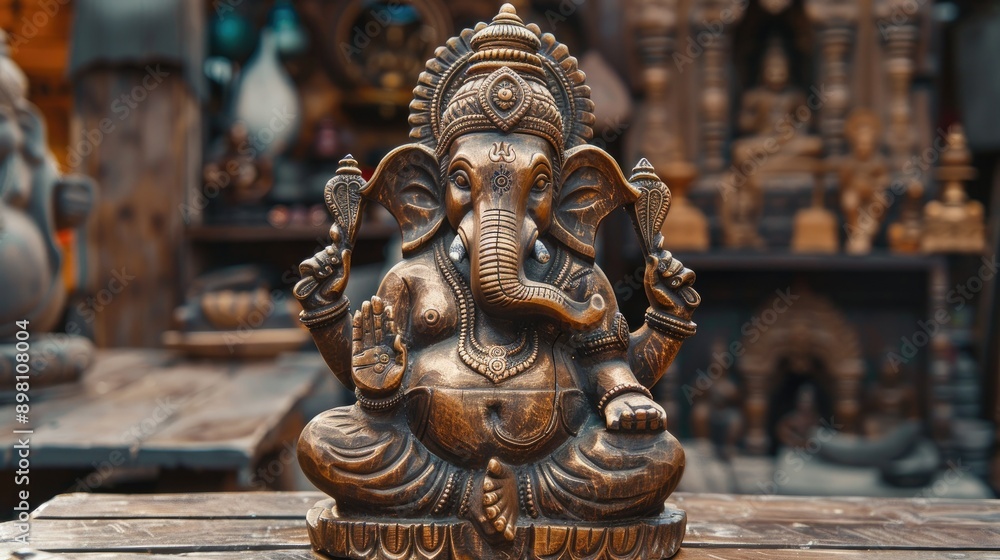 Fototapeta premium Empty wooden table featuring a beautifully designed Ganesha idol, suitable for cultural and devotional themes