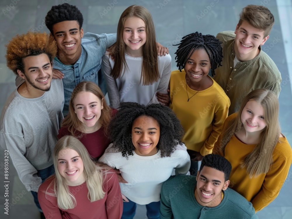 Obraz premium A diverse group of young adults posing together for a class picture. They represent a mix of backgrounds and are enjoying their time at college.