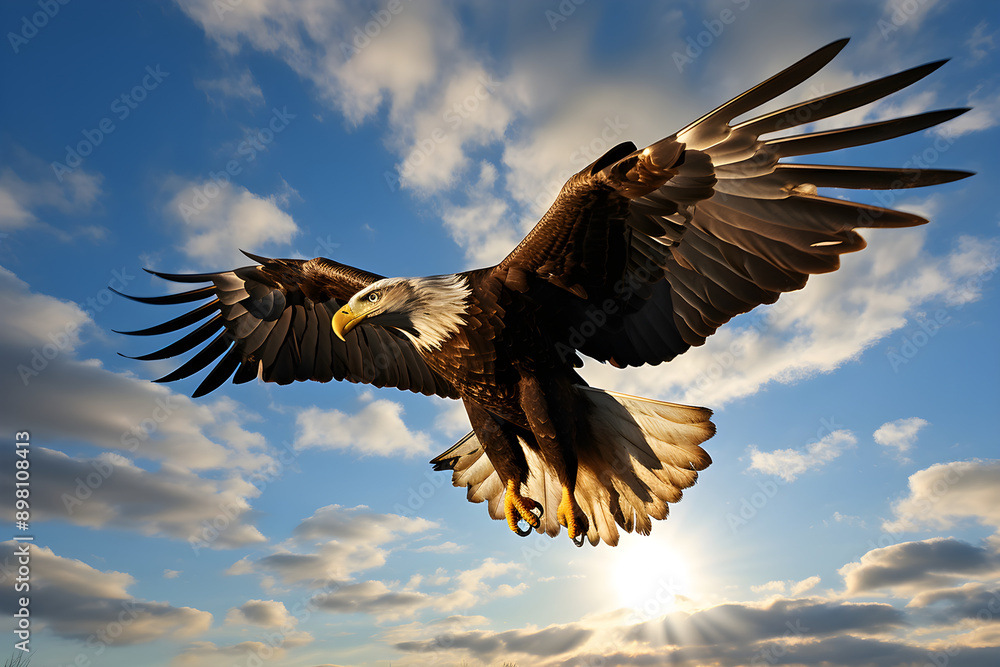 Naklejka premium Majestic Eagle Soaring High in the Clear Blue Sky : A Display of Freedom and Dominance