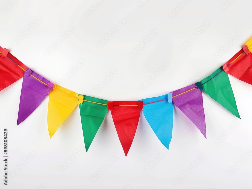 Vibrant multi-colored paper flags strung together in a line, suitable for festive occasions or home decoration. Vibrant multi-colored paper flags strung together in a line, suitable for festive occasions or home decoration.