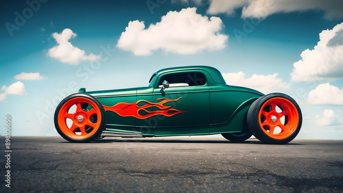 Beautiful unique green vintage hot rod car with fire, automotive background, tuning template, wallpaper, auto transport
