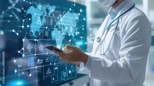 digital healthcare hub where doctors use telemedicine and AI diagnostics to provide remote consultations and treatment plans