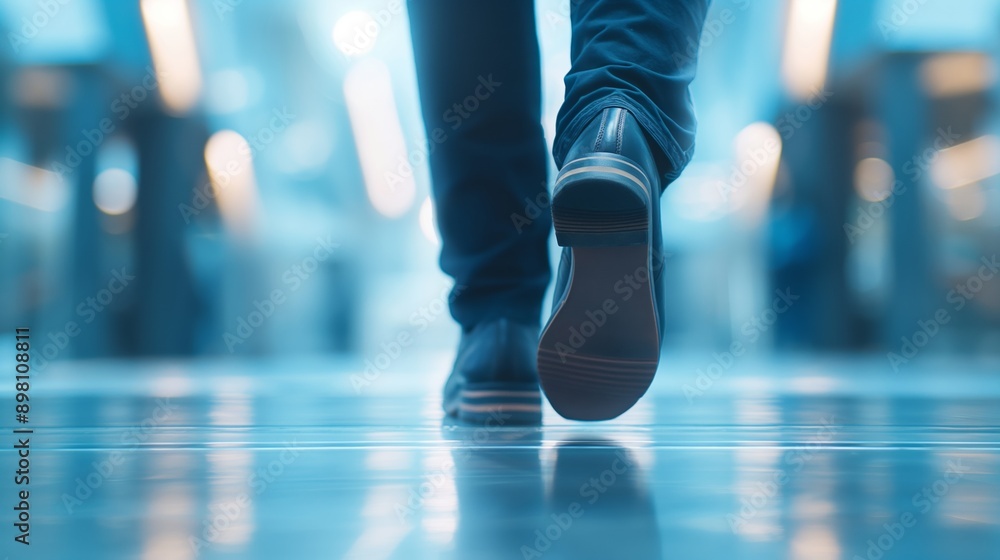 A person's foot stepping on a shiny floor in a modern building. A person's foot stepping on a shiny floor in a modern building.