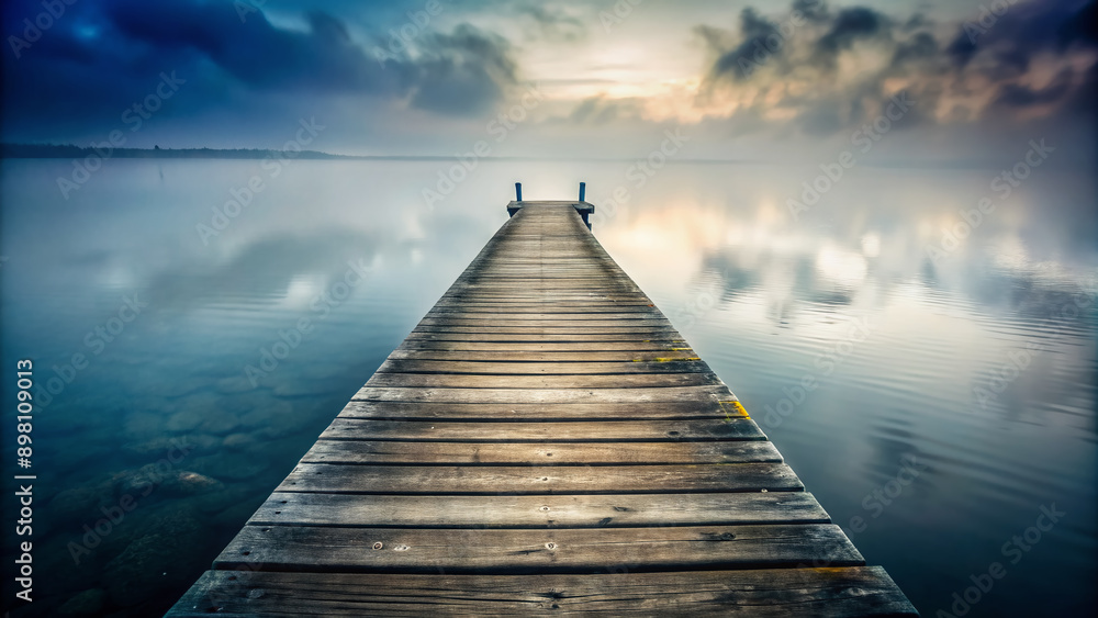 Obraz premium A lone, worn, and weathered wooden pier stretches into a misty, uncertain horizon, symbolizing uncertainty and self-doubt in a desolate, eerie atmosphere.
