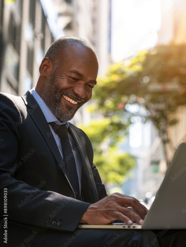 Man smiling using laptop on street. Professional man working outdoors, enjoying urban environment with modern technology. Man smiling using laptop on street. Professional man working outdoors, enjoying urban environment with modern technology.