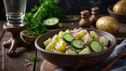 Fresh potato salad with pickled cucumbers and onion