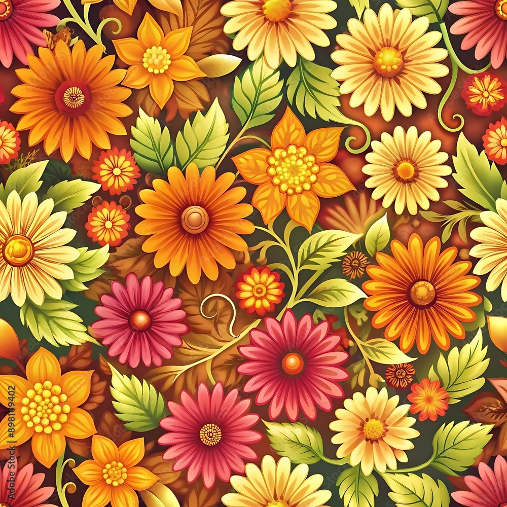 Seamless Floral Pattern with Yellow, Orange and Pink Flowers. Seamless Floral Pattern with Yellow, Orange and Pink Flowers.