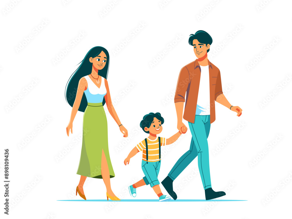 Flat style vector illustration featuring a happy family taking a stroll. The illustration showcases the joy of family bonding in a simple and clean design on a white background Flat style vector illustration featuring a happy family taking a stroll. The illustration showcases the joy of family bonding in a simple and clean design on a white background
