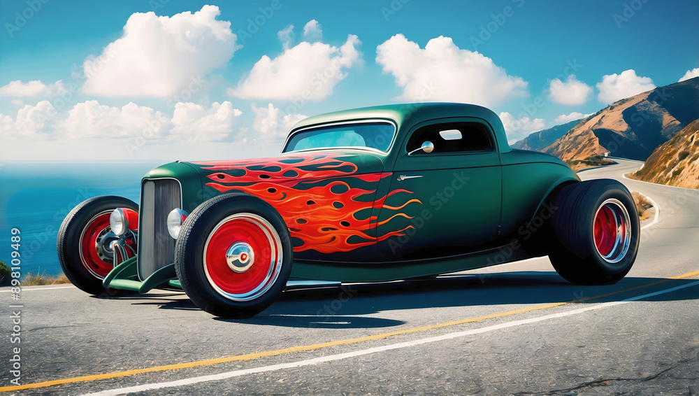 Beautiful unique green vintage hot rod car with fire, automotive background, tuning template, wallpaper, auto transport