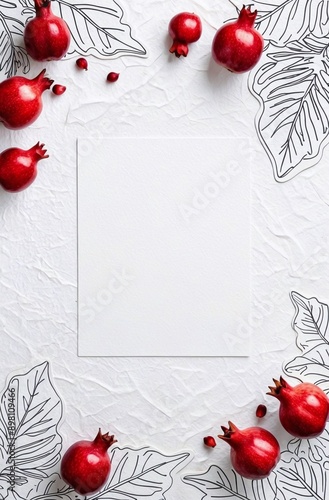 White paper texture with an embossed white contour line illustration of pomegranates