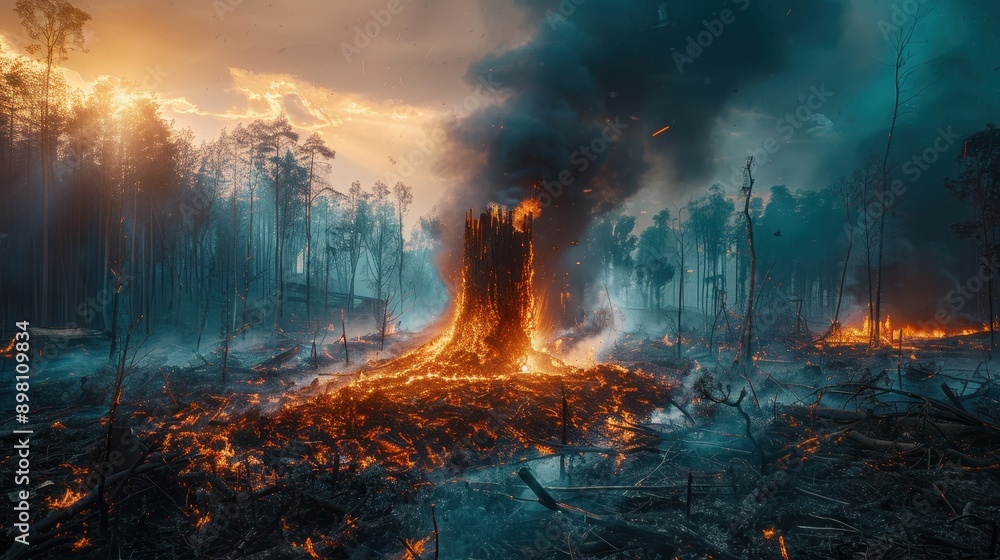 Obraz premium Dramatic Forest Fire with Intense Flames and Smoke in a Devastated Woodland Area at Sunset