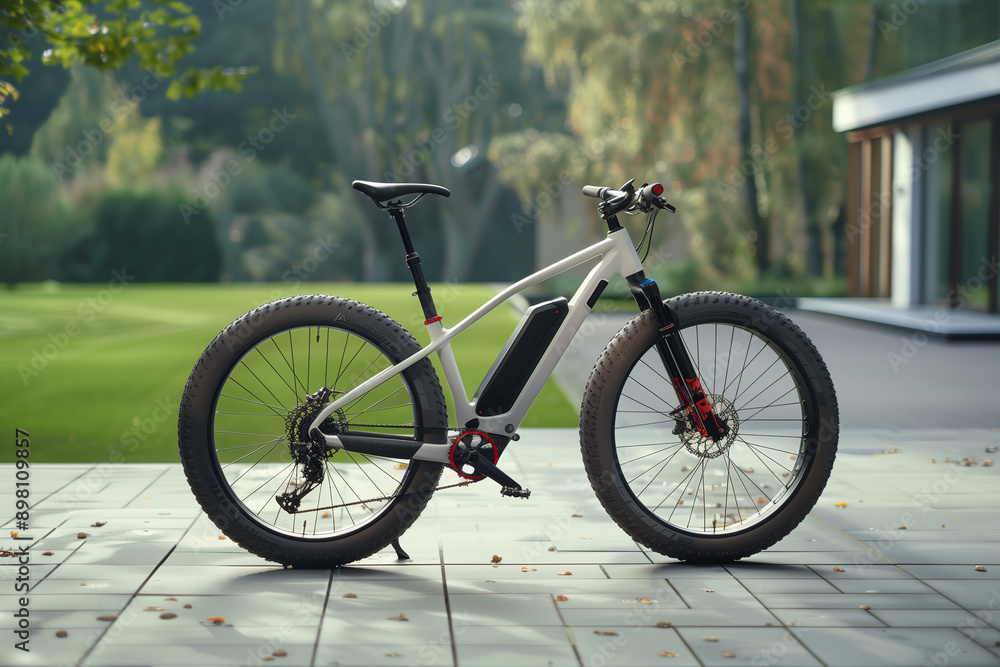Fototapeta premium A sleek, modern electric bike with fat tires is parked on a patio with a beautiful, green landscape in the background, showcasing a blend of technology and nature.