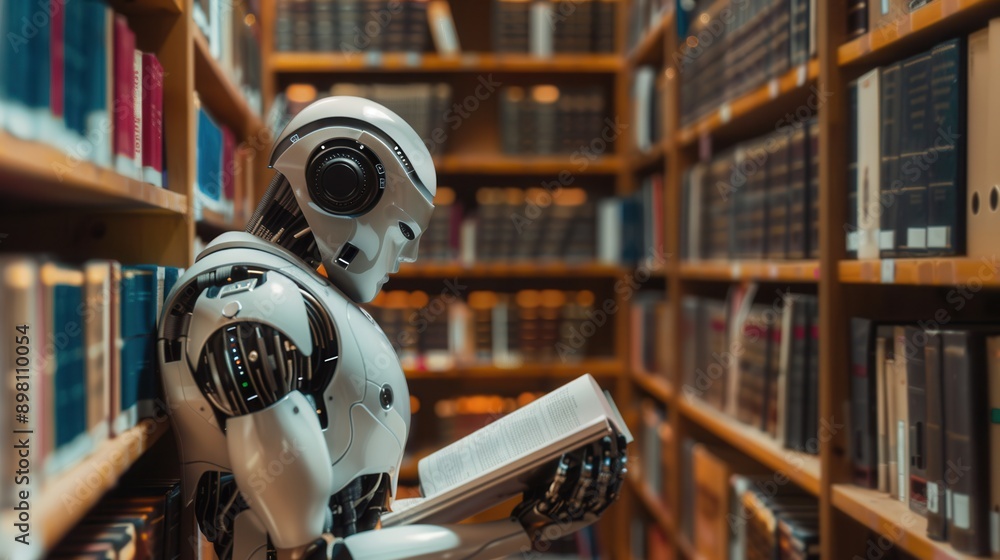 An artificial intelligence robot reads a book while standing in a library with shelves full of books. Generative AI An artificial intelligence robot reads a book while standing in a library with shelves full of books. Generative AI