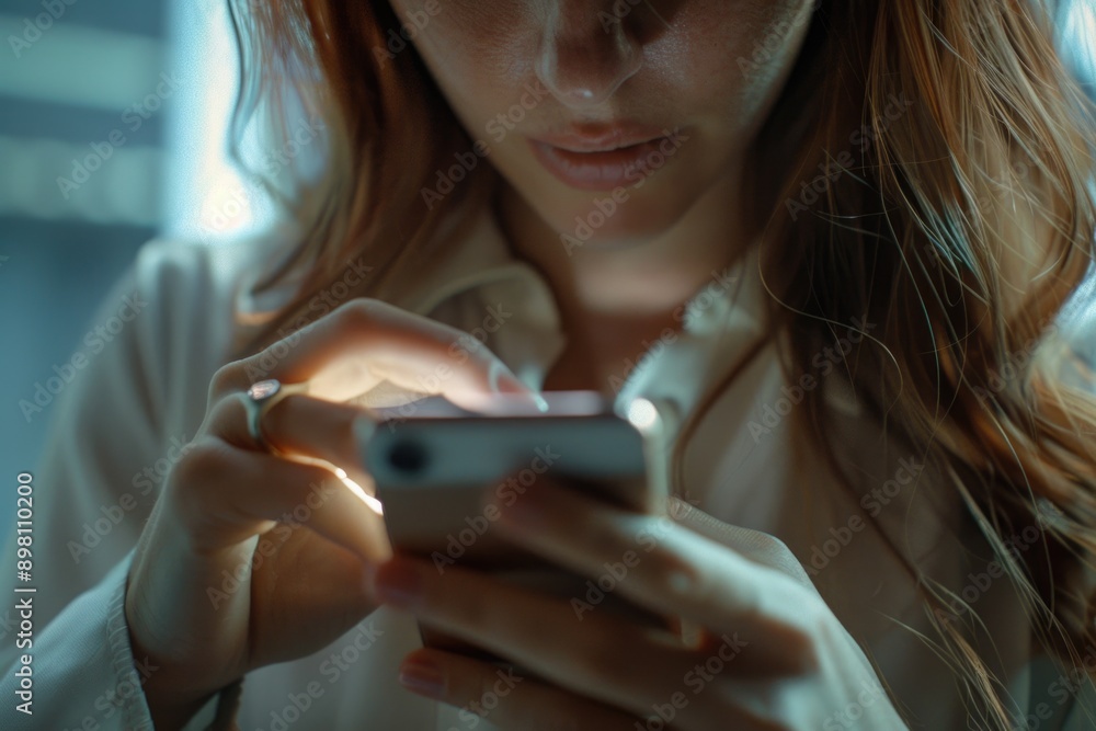 Portrait of a woman focused on her smartphone in the evening. Blurred background suggests an urban environment. Portrait of a woman focused on her smartphone in the evening. Blurred background suggests an urban environment.