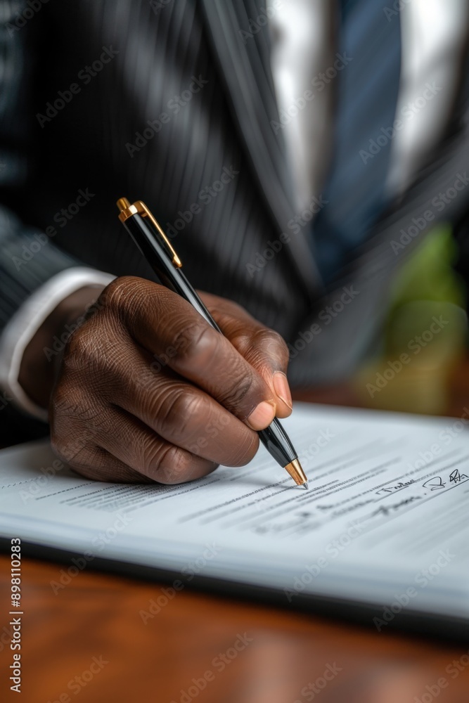 Person signing a document with a pen at a desk Person signing a document with a pen at a desk