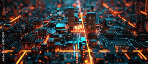 Futuristic Cityscape with Glowing Circuit Board Design and Skyscrapers at Night