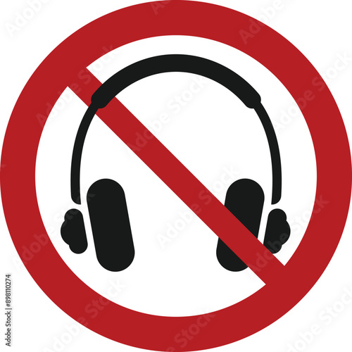 No headphones allowed simple prohibition sign. Headphones silhouette with no symbol. Headphones forbidden sign. Vector illustration, EPS10