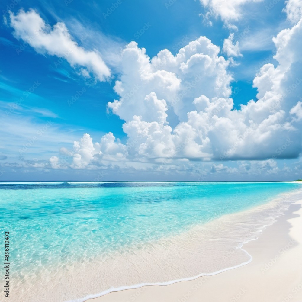 Breathtaking view of pristine white sand beach in Maldives. Turquoise waters of Indian Ocean lap gently at shore, creating serene idyllic scene. Sky is vibrant blue, dotted with fluffy white clouds. Breathtaking view of pristine white sand beach in Maldives. Turquoise waters of Indian Ocean lap gently at shore, creating serene idyllic scene. Sky is vibrant blue, dotted with fluffy white clouds.