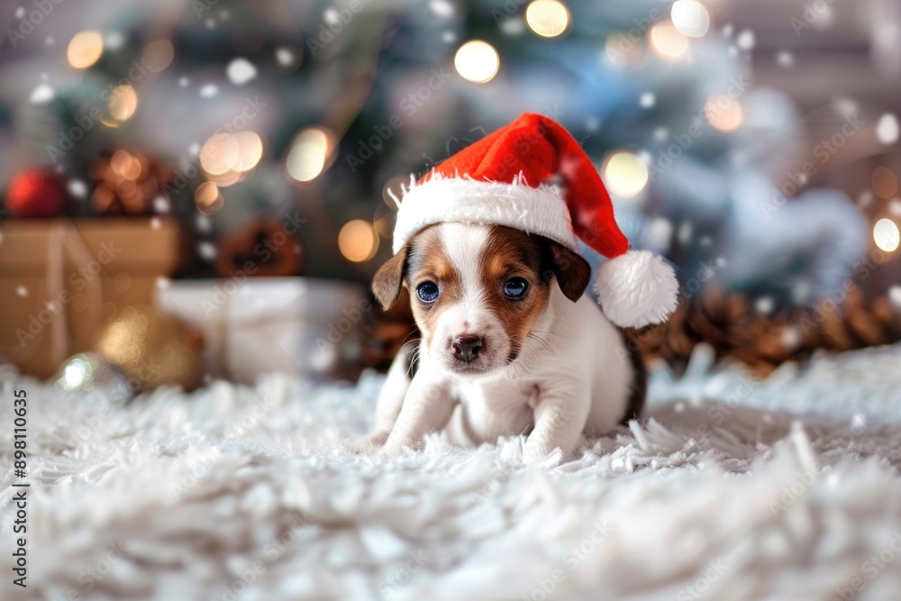 Adorable Puppy in Santa Hat Lying on Knitted Blanket with Festive Background Lights Adorable Puppy in Santa Hat Lying on Knitted Blanket with Festive Background Lights