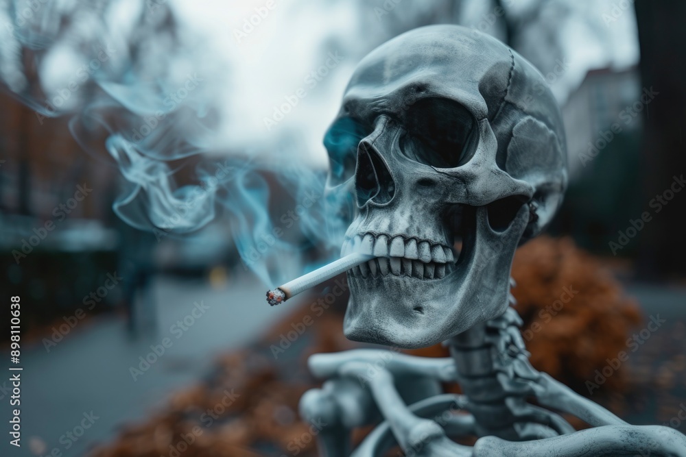 Human skeleton smoking a cigarette, urban life and health awareness concept .Generative ai Human skeleton smoking a cigarette, urban life and health awareness concept .Generative ai