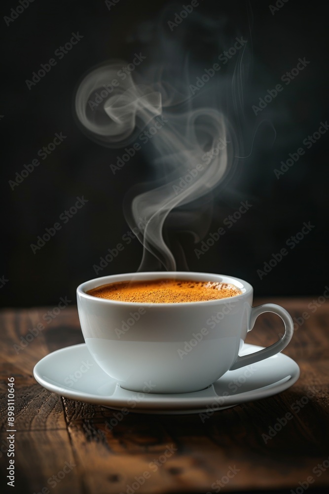 Hot steaming cup of coffee on a wooden table Hot steaming cup of coffee on a wooden table