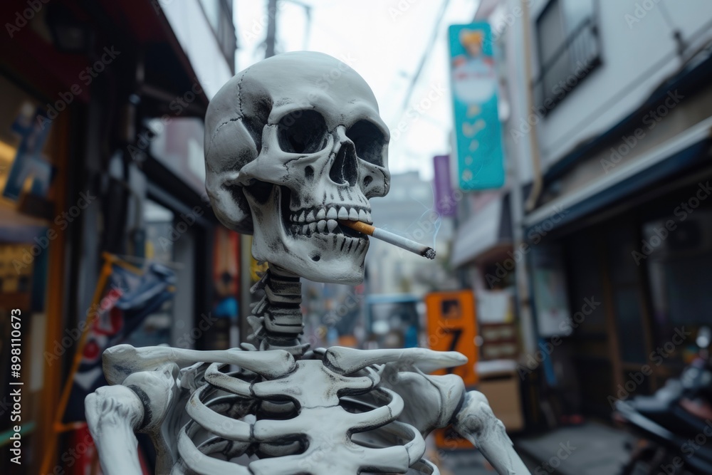 Fototapeta premium Human skeleton smoking a cigarette, urban life and health awareness concept .Generative ai