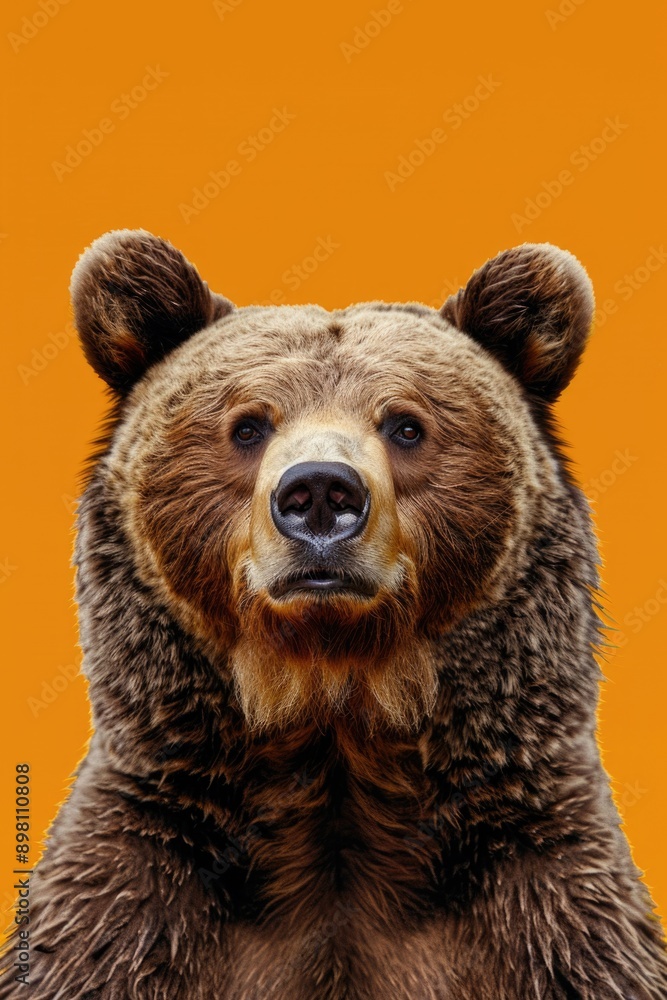 Wildlife animal with dark brown fur. Closeup of a bear's face looking straight ahead. Wildlife animal with dark brown fur. Closeup of a bear's face looking straight ahead.