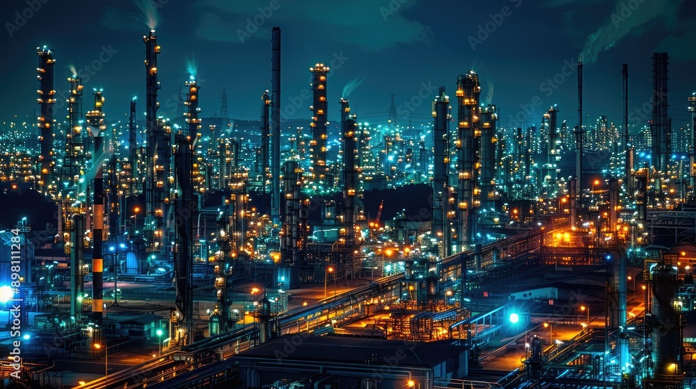 Fototapeta premium Night view of oil refineries and chemical plants illuminated in an industrial area, showcasing the vibrant lights and machinery with this inviting photo.