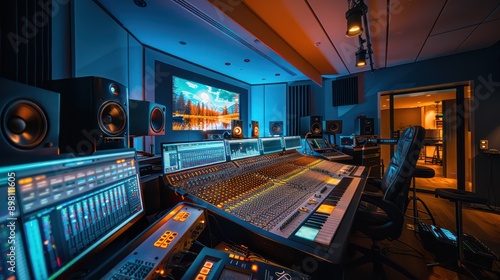 digital music lab where sound engineers and musicians collaborate using state-of-the-art recording equipment and software