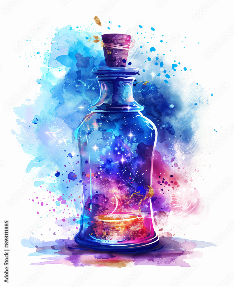 Elegant bottle filled with magic potion, watercolor style Elegant bottle filled with magic potion, watercolor style