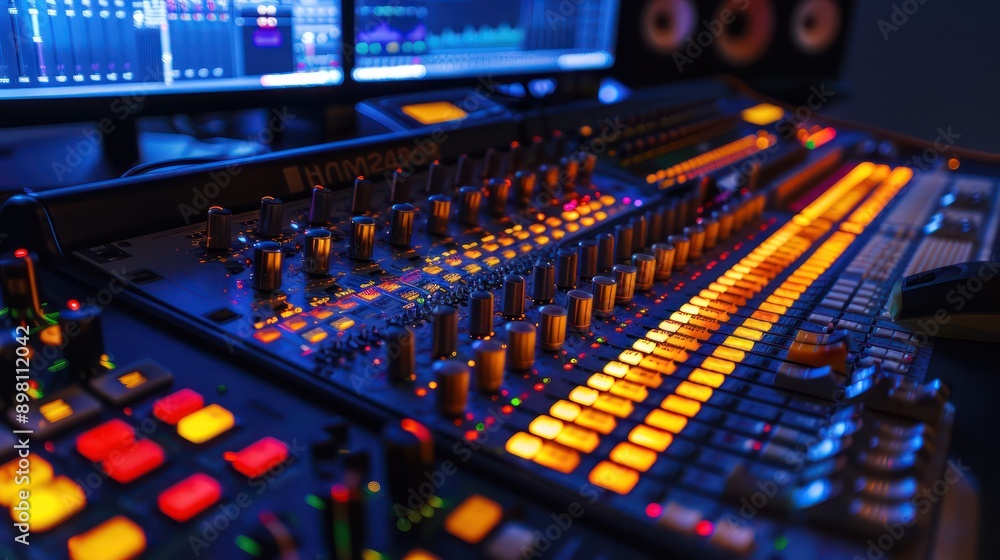 Fototapeta premium digital music production studio where producers and artists collaborate using digital mixing consoles and virtual instruments