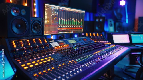 digital music production studio where producers and artists collaborate using digital mixing consoles and virtual instruments