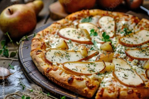 Gourmet Pear and Blue Cheese Pizza on Wooden Board with Basil Garnish
