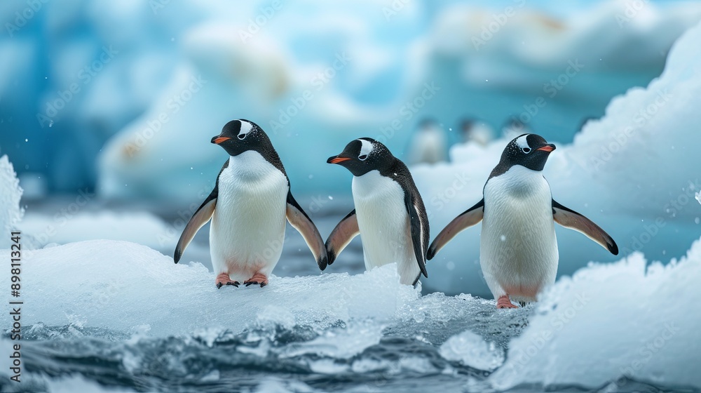 Fototapeta premium Cute penguins take a walk in the snow