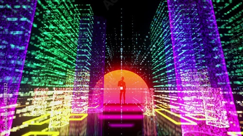 Night neon city of glowing particles. Synthwave sun and dancing graceful woman.