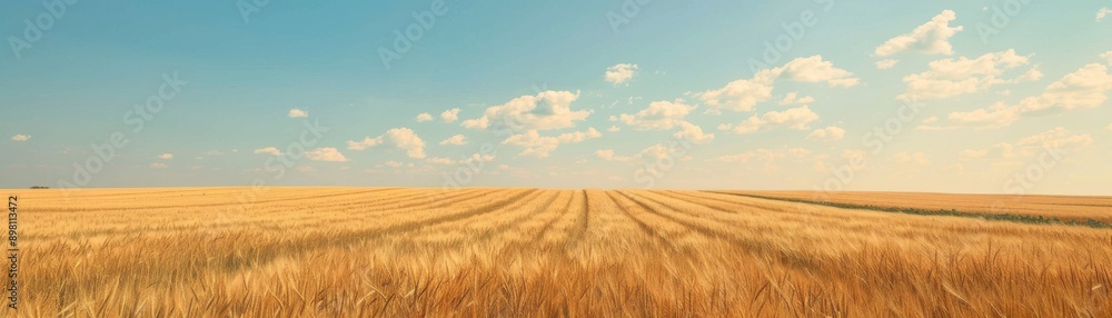 Fototapeta premium Expansive golden wheat field under a clear blue sky with scattered fluffy clouds, capturing the essence of rural agriculture.