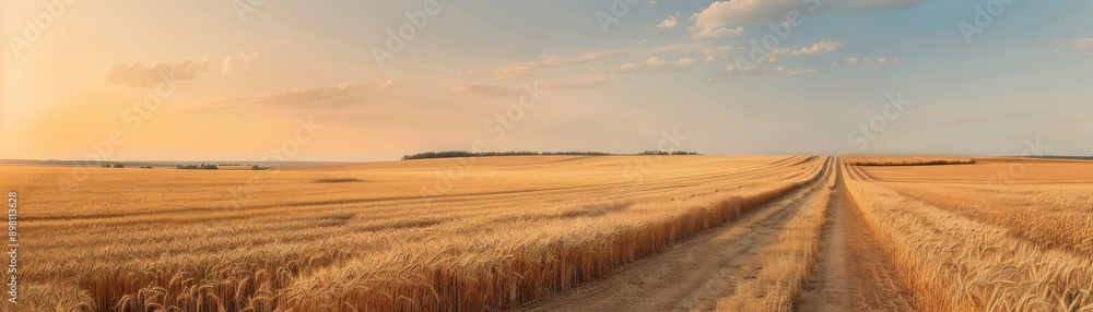 Wheat field road at sunset with warm golden light, showcasing the beauty and tranquility of rural agricultural landscapes. Wheat field road at sunset with warm golden light, showcasing the beauty and tranquility of rural agricultural landscapes.