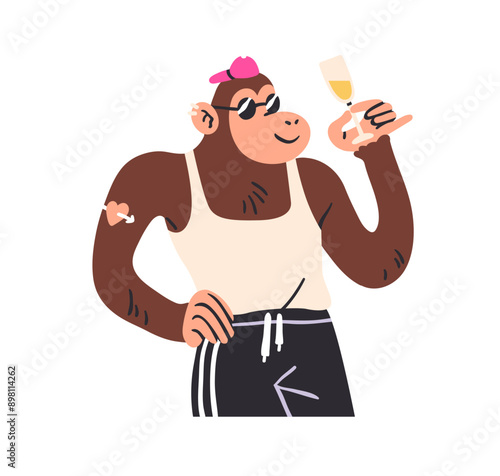 Funny monkey celebrating holiday, drinking champagne in wineglass. Animal enj...