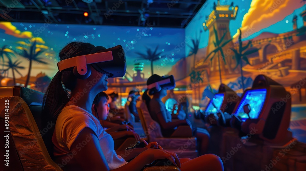 Obraz premium digital theme park where guests experience rides and attractions through virtual reality headsets, complete with real-world motion platforms