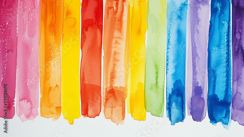 Bright and colorful vertical watercolor stripes on white background, showcasing a spectrum of vivid hues from pink and red to blue and purple, ideal for artistic and design use