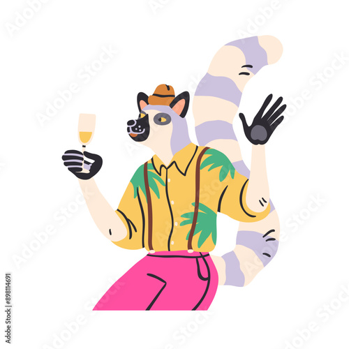 Funny animal celebrating holiday with champagne. Happy lemur holding wineglas...