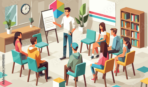 Business seminar, coach speaking before audience, mentor presenting, employees meeting, seminar or conference, study, lecture, education concept, vector illustration