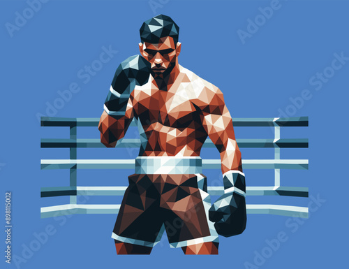 Low polygon of a boxer, character in a boxing ring, man wearing boxing gloves and shorts, ready to fight, sport theme, vector illustration photo