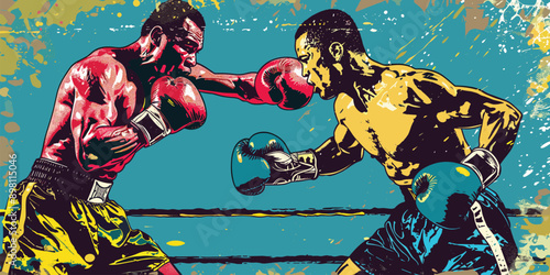 Boxers fighting on stage, male athlete fighters presentation match, competition, dangerous sport, cartoon vector illustration