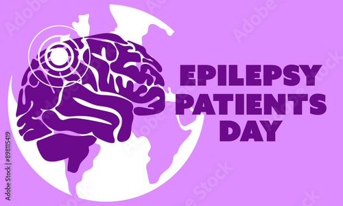 International Epilepsy Day banner for March 26. Brain is a flat silhouette in purple colors against the background of the earth on shades of purple. Brain problems, illness. Horizontal